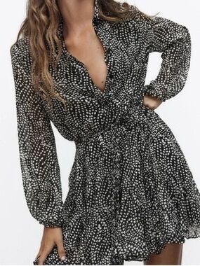Zara Black Dress with White Dot Print - Long Sleeve Tiered Mini